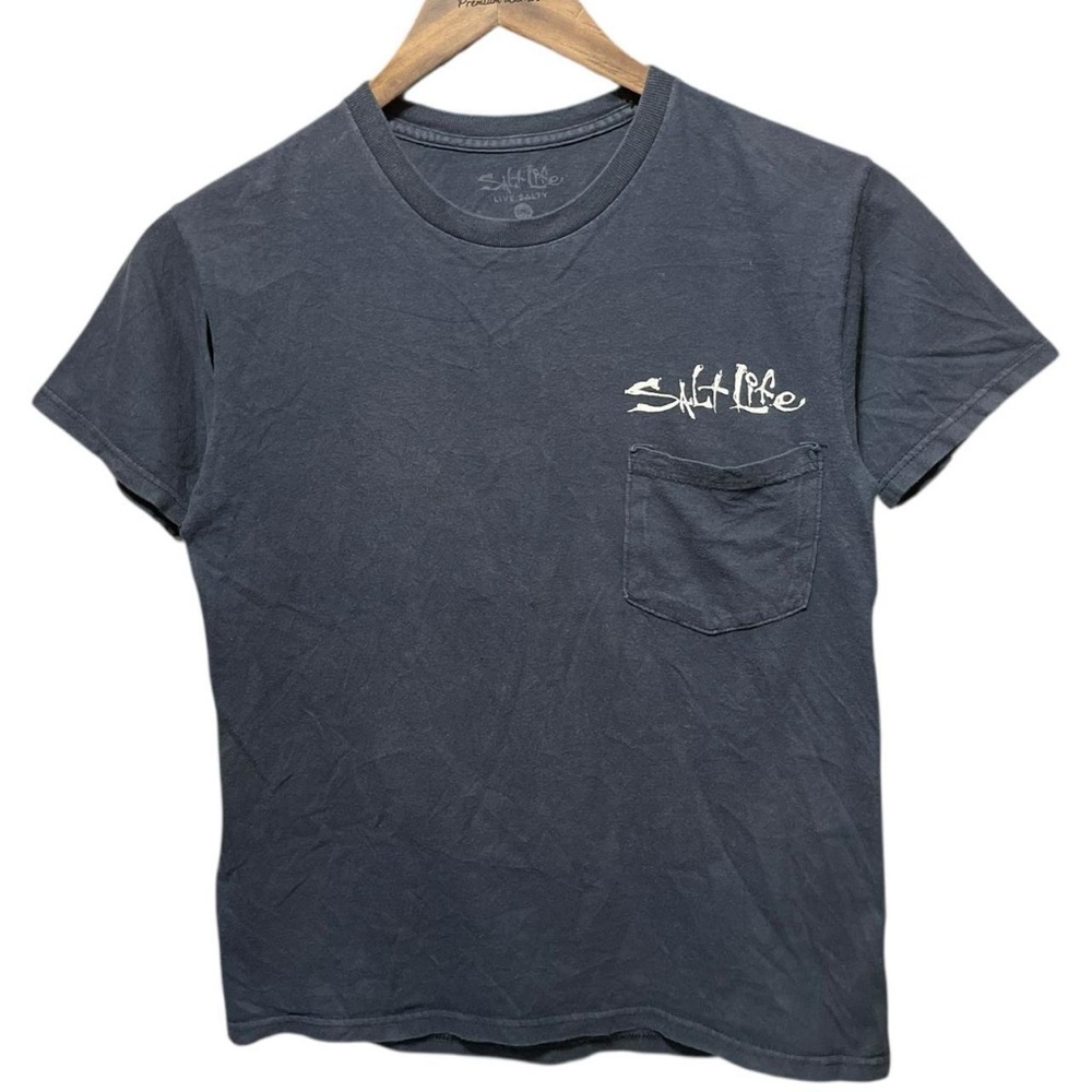salt life hook line sinker small front spellout graphic fishing front pocket Tee